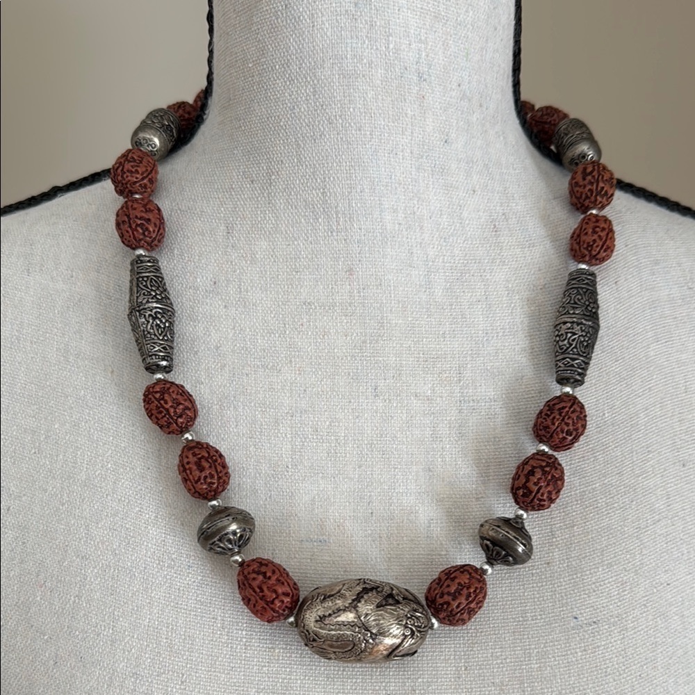Rudraksha Chunky Beaded Necklace with Large Silver Tone Dragon Bead Power Unity